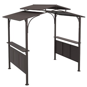 Outsunny 8'x5' BBQ Grill Gazebo with 2 Side Shelves, Outdoor Double Tiered Interlaced Polycarbonate Roof with Steel Frame, Brown - 1 of 4
