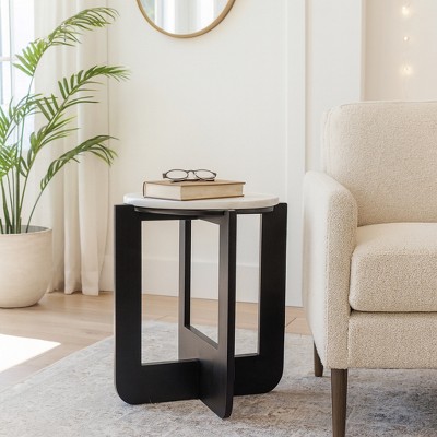 Chic End Table, Side Table, or Small Night Stand for Room Decor - Sturdy Wood Criss-cross Bedside Table with Marble Top for Small Spaces