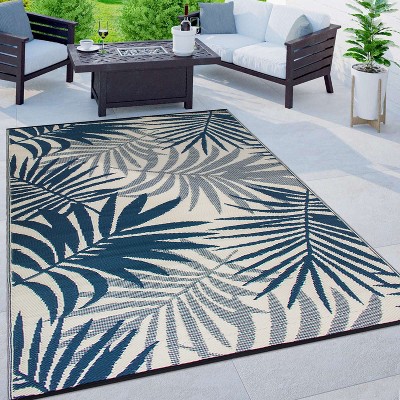 Blue Floral Reversible Synthetic Outdoor Rug, 5' x 7'