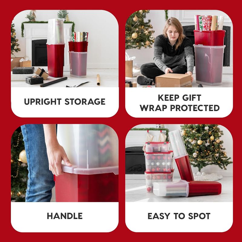IRIS USA 40" Wrapping Paper Storage Box Container, Clear/Red, 3 of 9