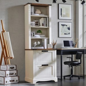 Farmhouse Bookshelf with 2 Large File Drawers, 72" Tall Bookcase with Storage,  4 Tier Rustic Wood Bookshelf for Home, Living Room - 1 of 4