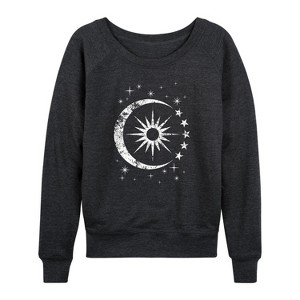 Women's - Instant Message - Celestial Sun Moon Scene Lightweight French Terry Wide Neck Long Sleeve Graphic Shirt - 1 of 4