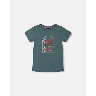 Deux par Deux Boy Short Sleeve Organic Cotton Graphic Tee Teal and Dark Old Rose - 2 Years