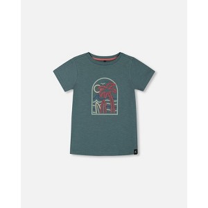 Deux par Deux Boy Short Sleeve Organic Cotton Graphic Tee Teal and Dark Old Rose - 12 Months - 1 of 4
