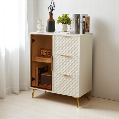 Geometric Carved 3-Drawer Chest with Glass Doors, Aluminum Alloy Frame, and Adjustable Metal Legs – Modern Storage Cabinet for Bedroom