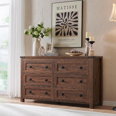 Farmhouse 6 Drawers Dresser, 54" Wide Wood Rustic Wide Chest of Drawers, Storage Dressers Organizer for Bedroom, Living Room, Hallway, Brown