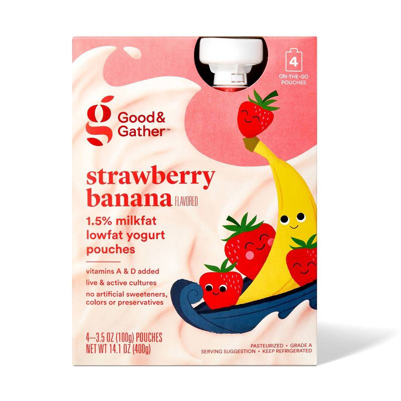 Strawberry Banana Lowfat Kids&#39; Yogurt - 4ct/3.5oz Pouches - Good &#38; Gather&#8482;, 1 of 10