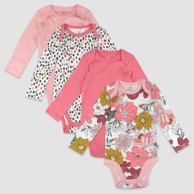 Image of Honest Baby 4pk Organic Cotton Color Me Happy Long Sleeve Bodysuit - Pink 3-6M