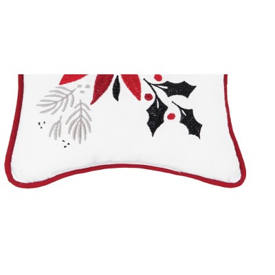 White Embroidered Poinsettia & Mistletoe Holiday Throw Pillow