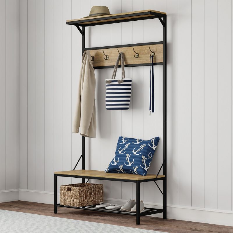 Hasting Home Entryway Bench with Coat Rack – Metal Hall Tree with Seat, Hooks, and Shoe Storage, 2 of 8