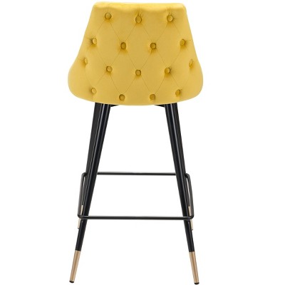 Yellow Velvet and Metal Counter Stool with Tapered Back