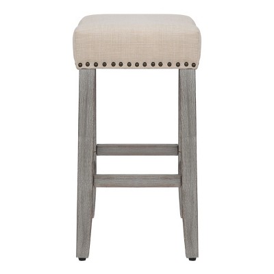 Modern Farmhouse 24" Beige Wood Saddle Seat Counter Stools - Set of 2