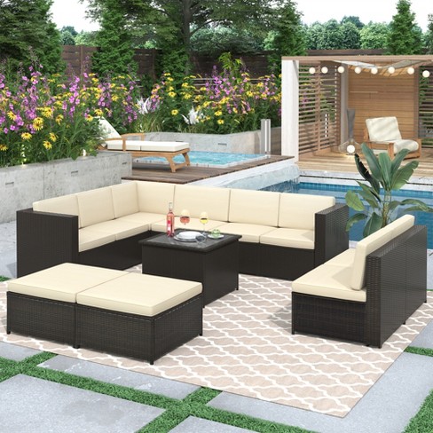 9 piece Rattan Sectional Seating Group Patio Conversation Set