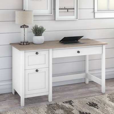 Modern Farmhouse 54" Pure White Wood Computer Desk with Bronze Hardware