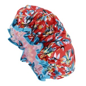 Unique Bargains Women Double Layer Flowers Shower Cap Red 1 Pc - 1 of 3