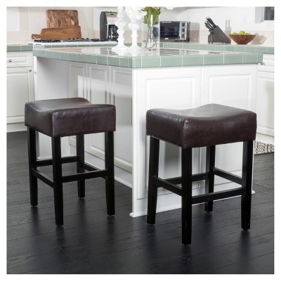 Brown Leather and Wood Backless Saddle Counter Stools, Set of 2