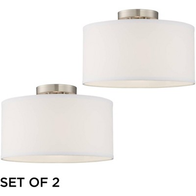 360 Lighting Modern Ceiling Light Semi Flush Mount Fixtures Set of 2 Brushed Nickel White Fabric Drum for Bedroom Kitchen Hallway