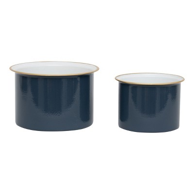 Set of 2 Blue Metal Planters with Gold Rim - Foreside Home & Garden