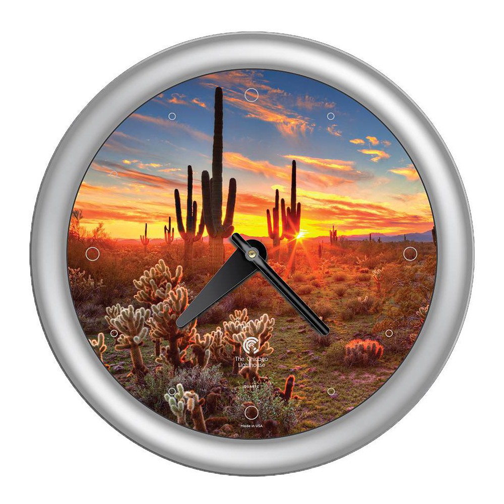 14" x 1.8" Southwest Cactus Decorative Wall Clock Silver Frame - By Chicago Lighthouse: Modern Analog for Living Room