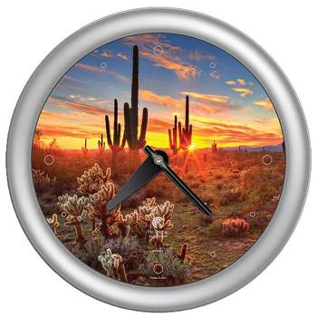 14" x 1.8" Southwest Cactus Decorative Wall Clock Silver Frame - By Chicago Lighthouse