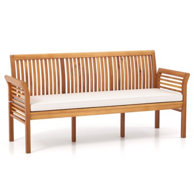 Tangkula 3 Person Outdoor Bench, 62.5" Acacia Wood Patio Sofa with Curved Armrests and Removable Seat Cushion