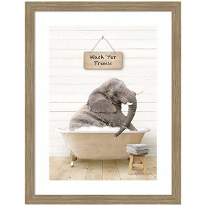 Kate and Laurel Young Elephant in Modern Bathtub  Wash Your Trunk by Amy Peterson Framed Wall Art Print, 20 x 26, Woodgrain Stripe Mocha - 1 of 4