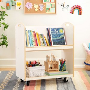 Guidecraft EdQ Rolling Book Storage Cart for Classroom: Single Sided 2-Shelf Wooden Book Display Rack on Wheels - 1 of 4