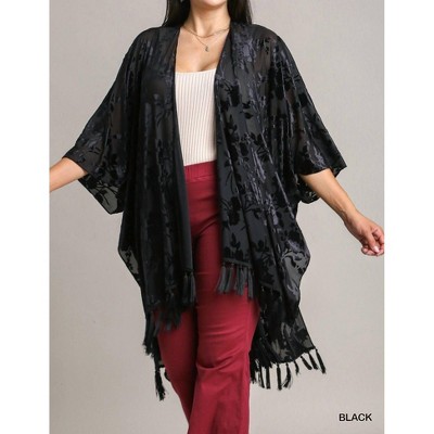 Women's Floral Burnout Velvet Tassel Fringe Duster Plus - umgee