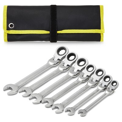 Built Industrial 7 Piece Flex Head Ratcheting Wrench Set, Metric 8mm to 17mm Chrome Vanadium Steel Combination Wrenches