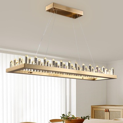 Ludomide 39" Crystal Chandelier, Modern Rectangular 3-Color Gold Pendant Light Fixture, Dining Room & Kitchen Island Chandelier Lighting