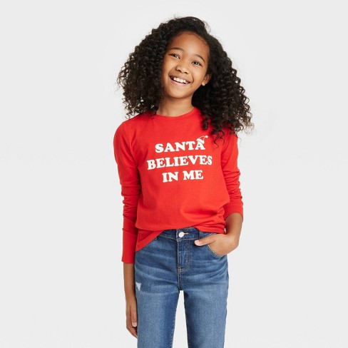 Girls' 'Santa Believes In Me' Long Sleeve Graphic T-Shirt - Cat & Jack™ Red - image 1 of 3