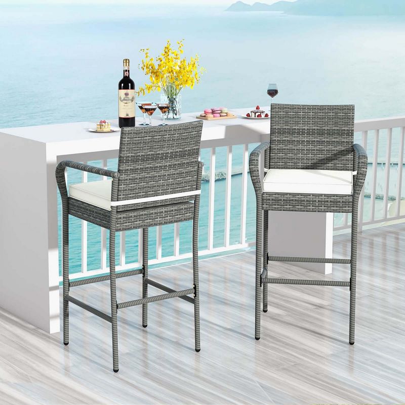 Costway 2/4 PCS Patio PE Wicker Bar Chairs Counter Height Barstools With Armrests &Cushions, 2 of 10