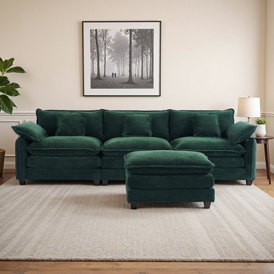 Busaurus Corduroy 3-Seat Sectional Sofa - Modular with Ottoman-Green Corduroy
