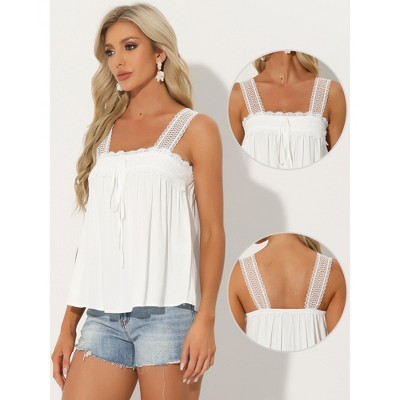 Allegra K Women's Sleeveless Square Neck Top - Lace Panel & Ruffles Tank - View #2