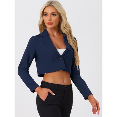 Allegra K Women's Long Sleeve Open Front Notched Lapel Business Cropped Blazers Small Dark Blue — фото 4