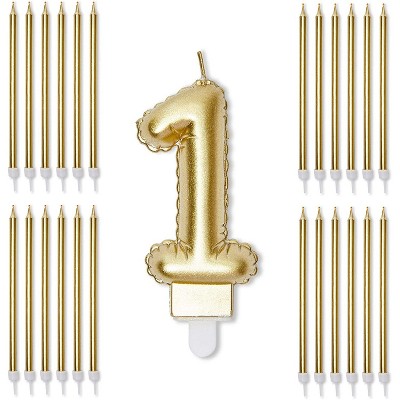  Blue Panda Gold Foil Numbers 1 Cake Topper & 24-Pack Thin Birthday Candles for 1st Birthday Party Decorations 