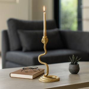 Boho Snake Taper Candle Holder - Decorative Aluminum Metal Candlestick for Home, Office, Living Room & Bedroom - Metallic Vintage Design - 13" Gold - 1 of 4