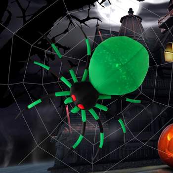 Tangkula Halloween Inflatable Spider with Cobweb Creepy Blow-up Spider with LED Rotating LED Light Green Black Legs Waterproof Halloween Decoration