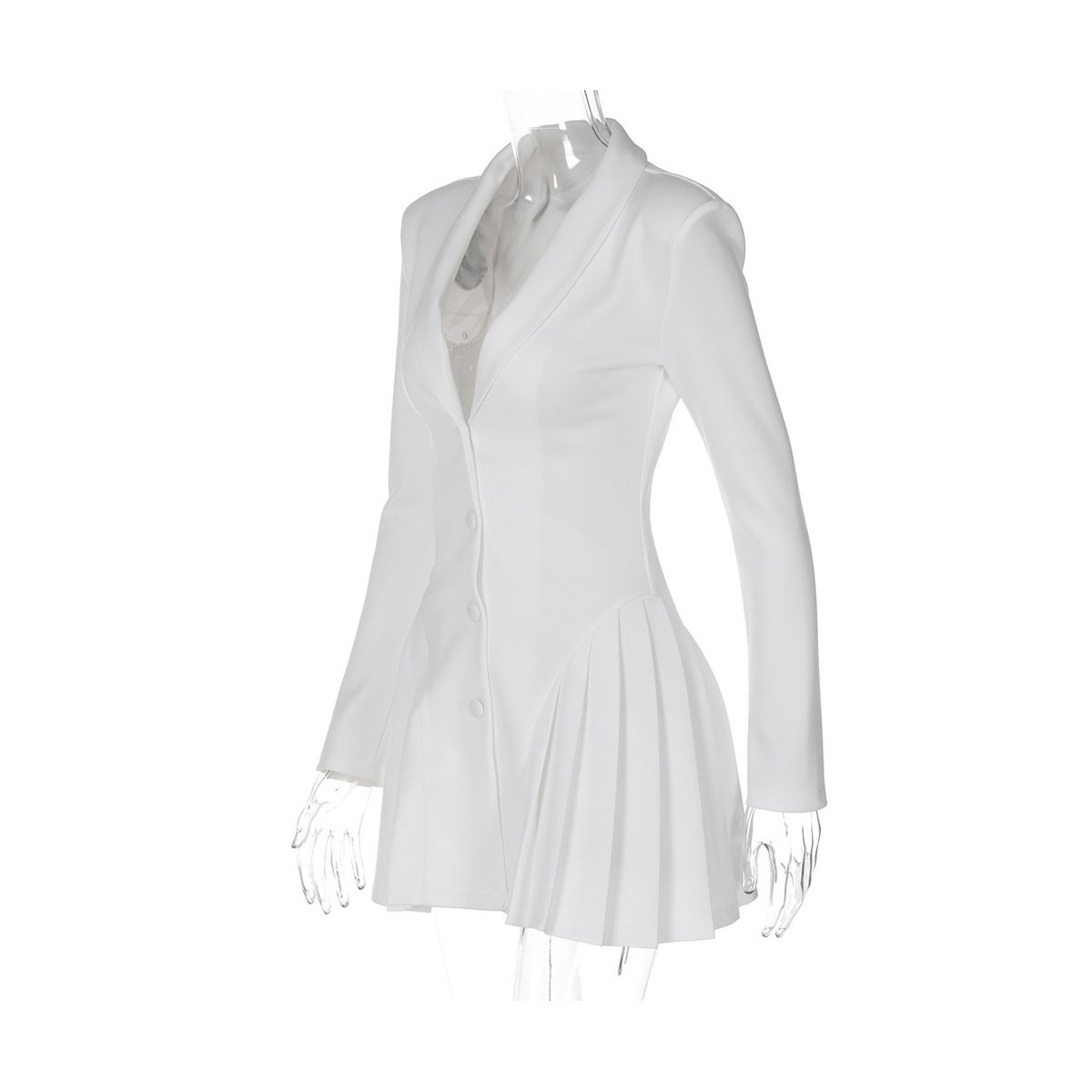 Женские платья YesFashion Women's Blazer Dress Deep V-Neck Single-Breasted Pleated Hem Long Sleeve Bodycon Mini Dress, White, M — фото 3