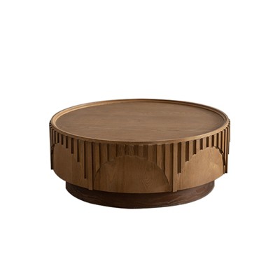 YUHAO Coffee Table Round Wood Modern Solid Wood Veneer Handcrafted Relief Tea Table with Sturdy Pedestal for Living Room