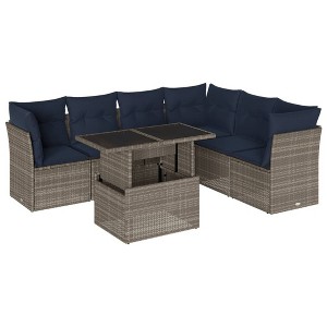 vidaXL 7 Piece Garden Sofa Set with Cushions Poly Rattan - Gray without storage - 1 of 4
