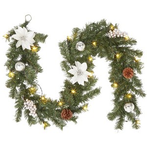 6ft Pre-Lit Christmas Garland with 20 LED Lights, Pinecones, Red Berries & Poinsettias - 1 of 4