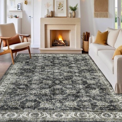 Floral Printed Area Rugs Vintage Distressed Throw Rugs with Non-Slip Backing, Non-Shedding Floor Carpet