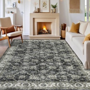 Floral Printed Area Rugs Vintage Distressed Throw Rugs with Non-Slip Backing, Non-Shedding Floor Carpet - 1 of 4