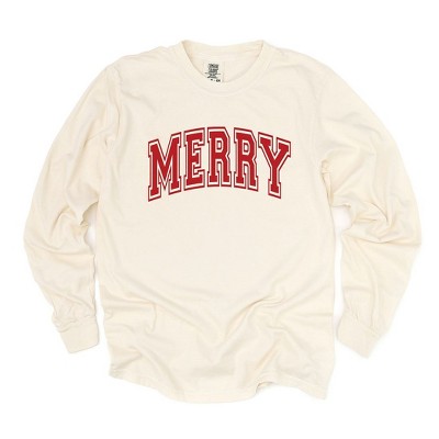 Simply Sage Market Women's Merry Varsity Thick Outline Long Sleeve Garment Dyed Tee