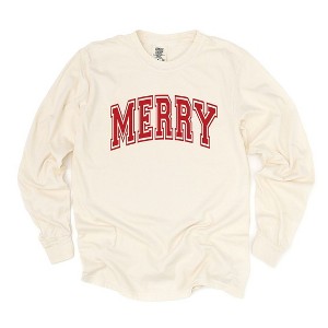 Simply Sage Market Women's Merry Varsity Thick Outline Long Sleeve Garment Dyed Tee - 1 of 4