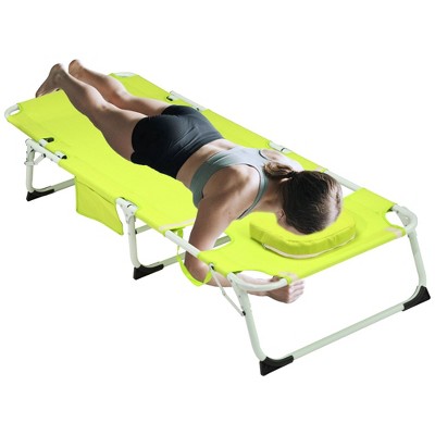 PAGED Outdoor Patio Chaise Lounge Chair, 3-in-1 Heavy Duty Tanning Chair with Face Hole and 5-Position Folding for Portable Lay Flat Beach, Pink