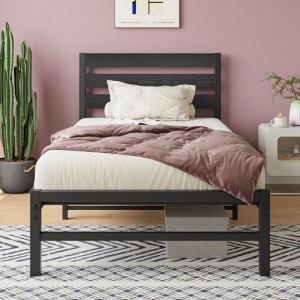 Twin Size Platform Bed Frame with Rustic Vintage Wood Headboard, No Box Spring Needed Black - 1 of 4
