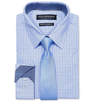 Nick Graham Mens Performance Stretch Geo Print Tie Set Button Down Dress Shirt