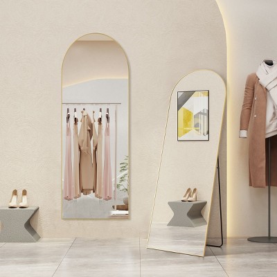 65" x 22" Arched Free Standing Body Mirror, Floor Standing Mirror, Wall Mirror with Stand Aluminum Alloy Thin Frame with Fiberglass-The Pop Home
